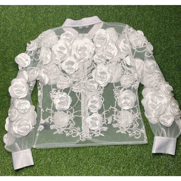 Boston Proper Sheer White Floral Zip-Front Top – M Sexy Luxe Blouse - Picture 7 of 11